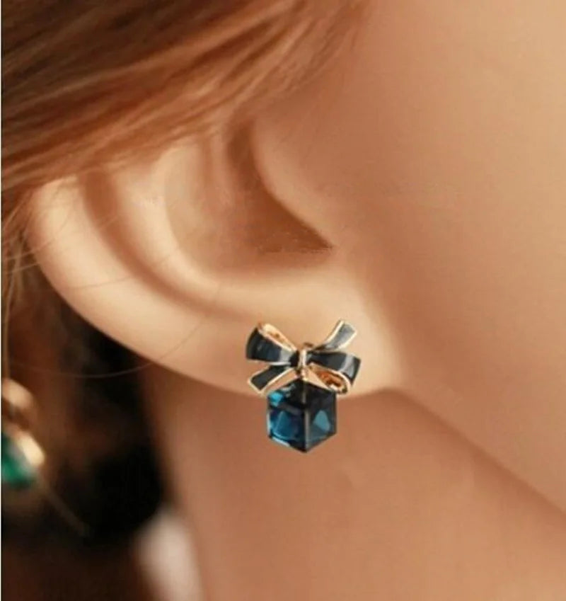 Paradise Divas Gold Bowknot Cube Crystal Earrings - Fashion Jewelry
