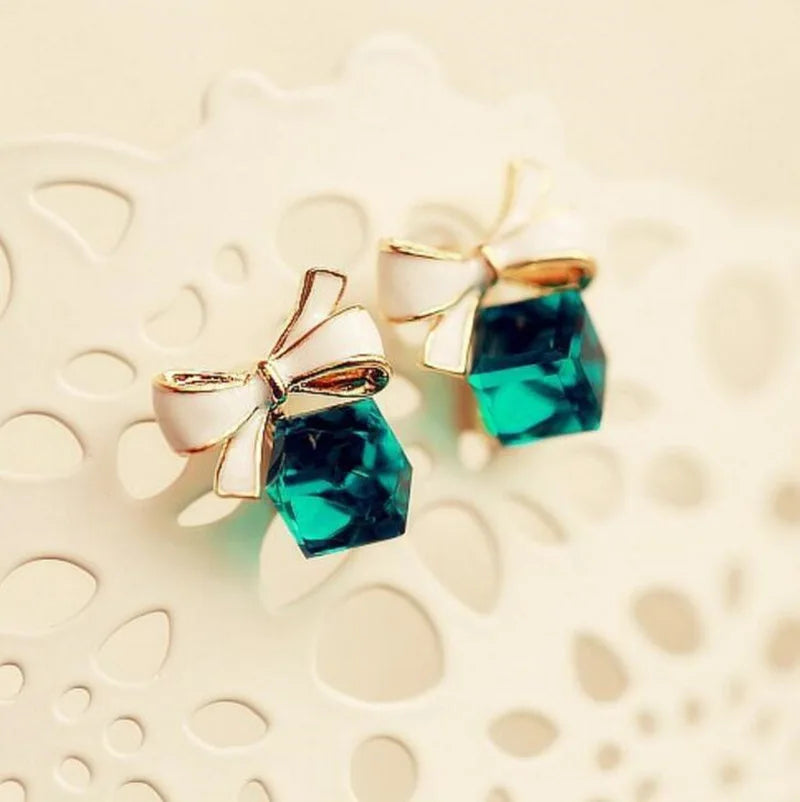Paradise Divas Gold Bowknot Cube Crystal Earrings - Fashion Jewelry
