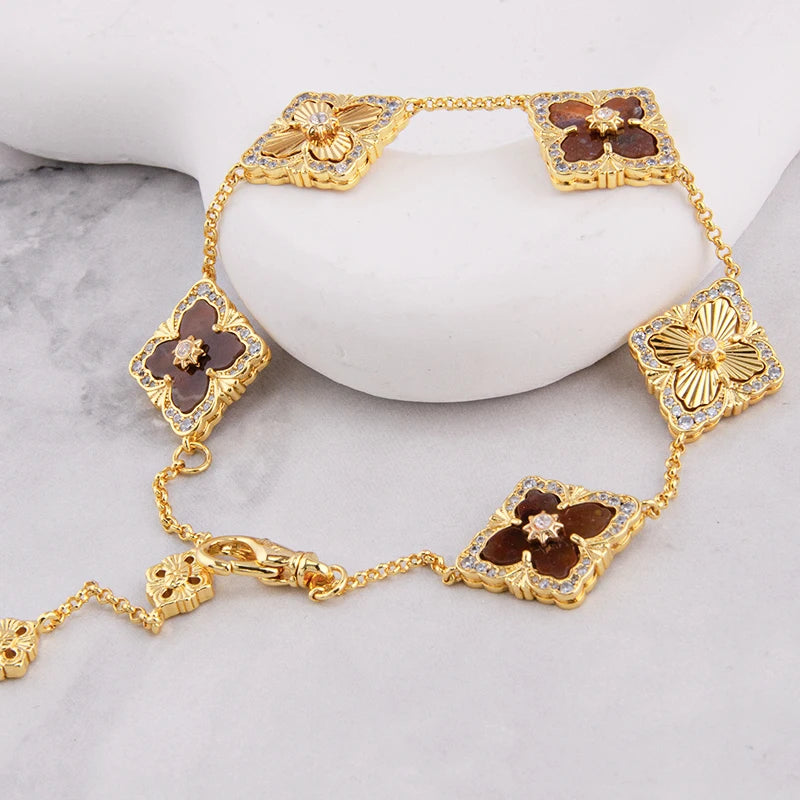 5 Leaf Flower Clover Gold Plated Bracelet with Red Agate Natural Stone by Paradise Divas
