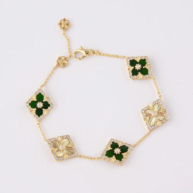 5 Leaf Flower Clover Gold Plated Bracelet with Red Agate Natural Stone by Paradise Divas
