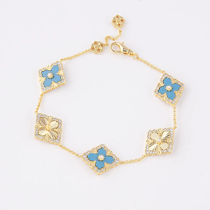 5 Leaf Flower Clover Gold Plated Bracelet with Red Agate Natural Stone by Paradise Divas
