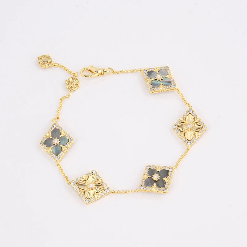 5 Leaf Flower Clover Gold Plated Bracelet with Red Agate Natural Stone by Paradise Divas
