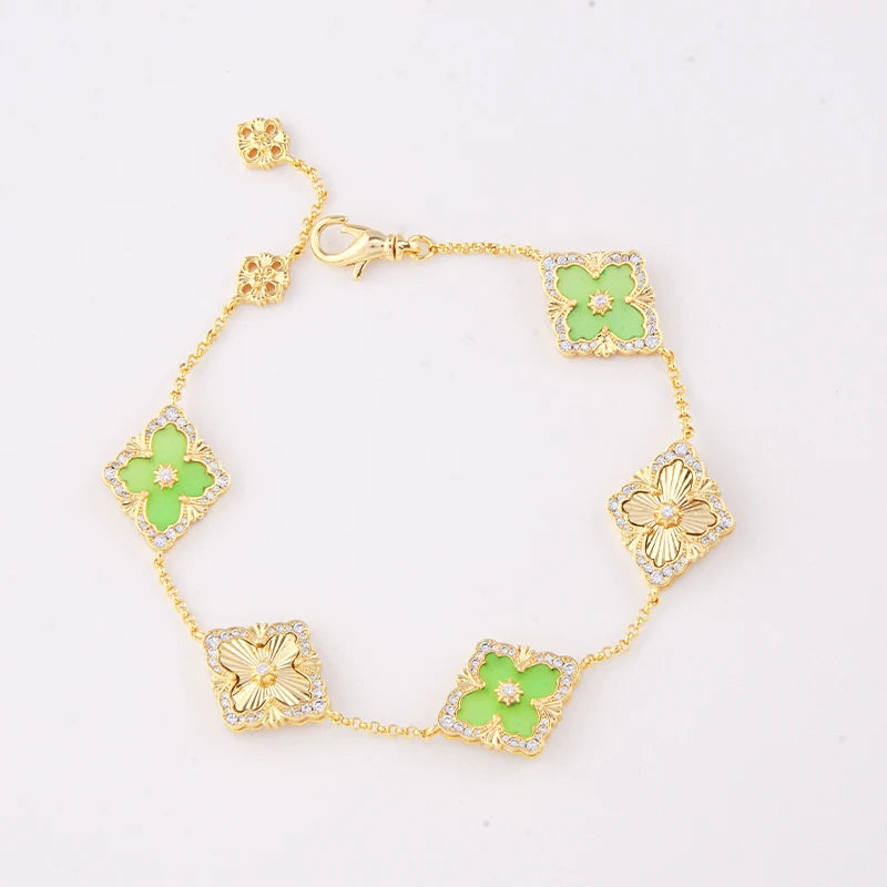 5 Leaf Flower Clover Bracelets Gold Plated Bracelet with Red Agate Natural Stone