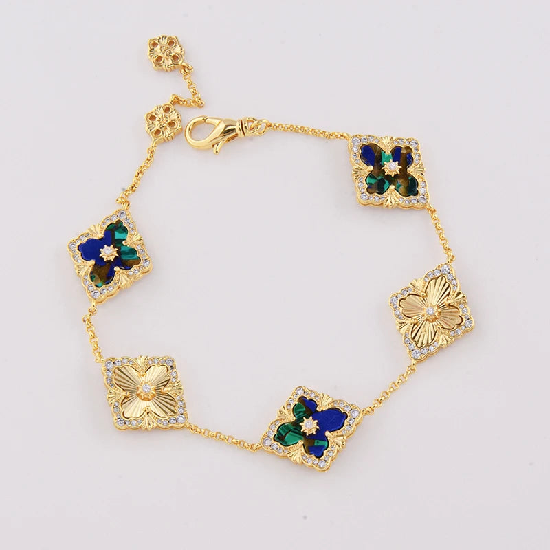 5 Leaf Flower Clover Gold Plated Bracelet with Red Agate Natural Stone by Paradise Divas
