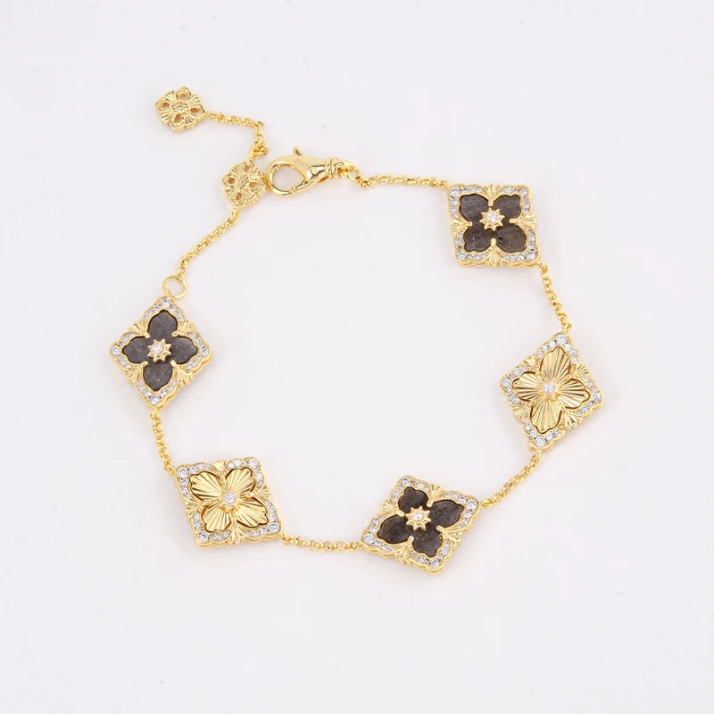 5 Leaf Flower Clover Bracelets Gold Plated Bracelet with Red Agate Natural Stone