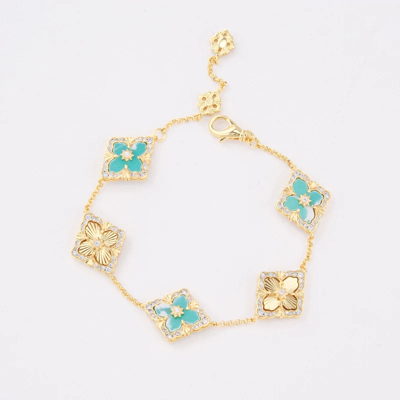 5 Leaf Flower Clover Bracelets Gold Plated Bracelet with Red Agate Natural Stone
