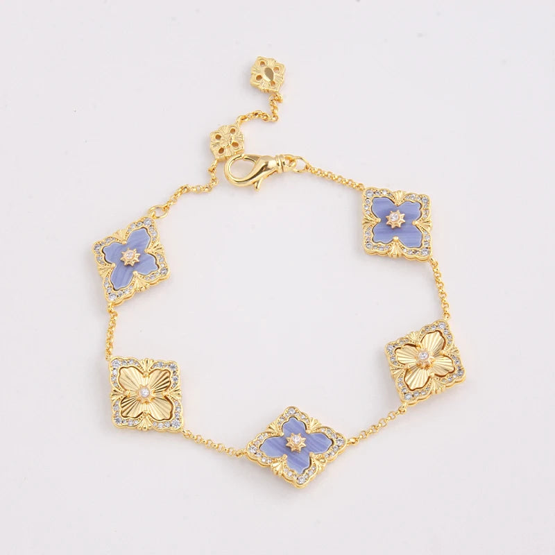5 Leaf Flower Clover Gold Plated Bracelet with Red Agate Natural Stone by Paradise Divas
