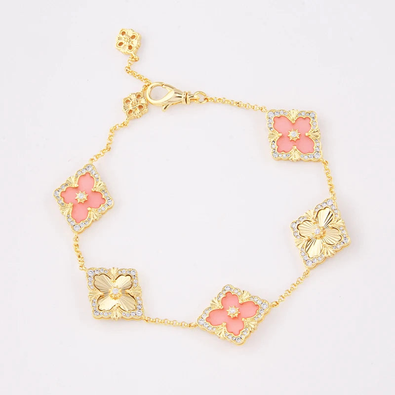 5 Leaf Flower Clover Gold Plated Bracelet with Red Agate Natural Stone by Paradise Divas
