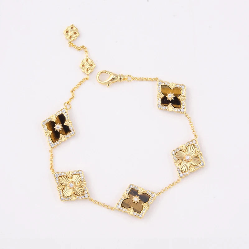 5 Leaf Flower Clover Gold Plated Bracelet with Red Agate Natural Stone by Paradise Divas
