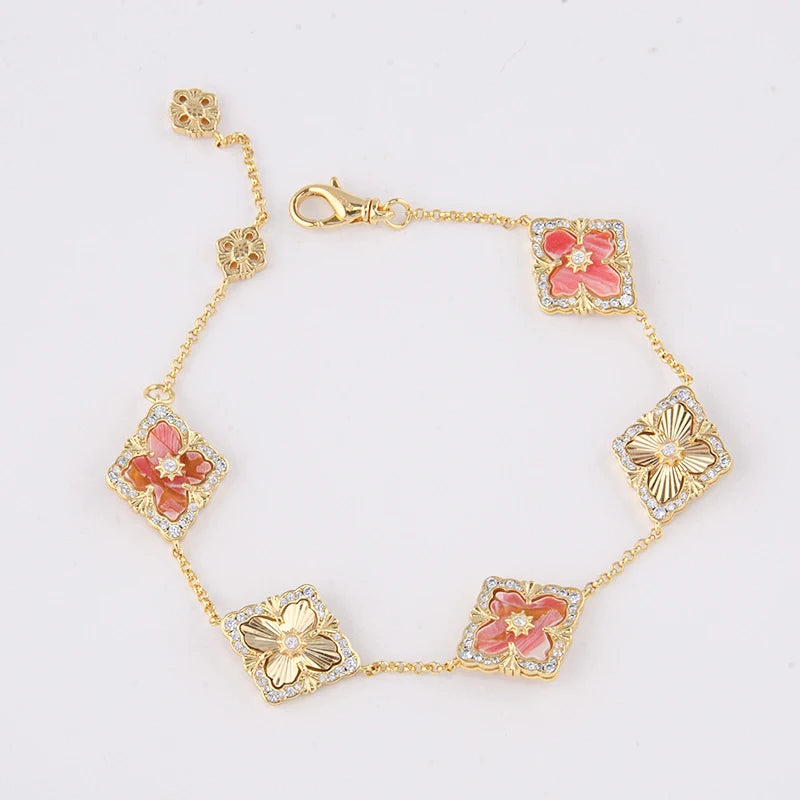 5 Leaf Flower Clover Gold Plated Bracelet with Red Agate Natural Stone by Paradise Divas
