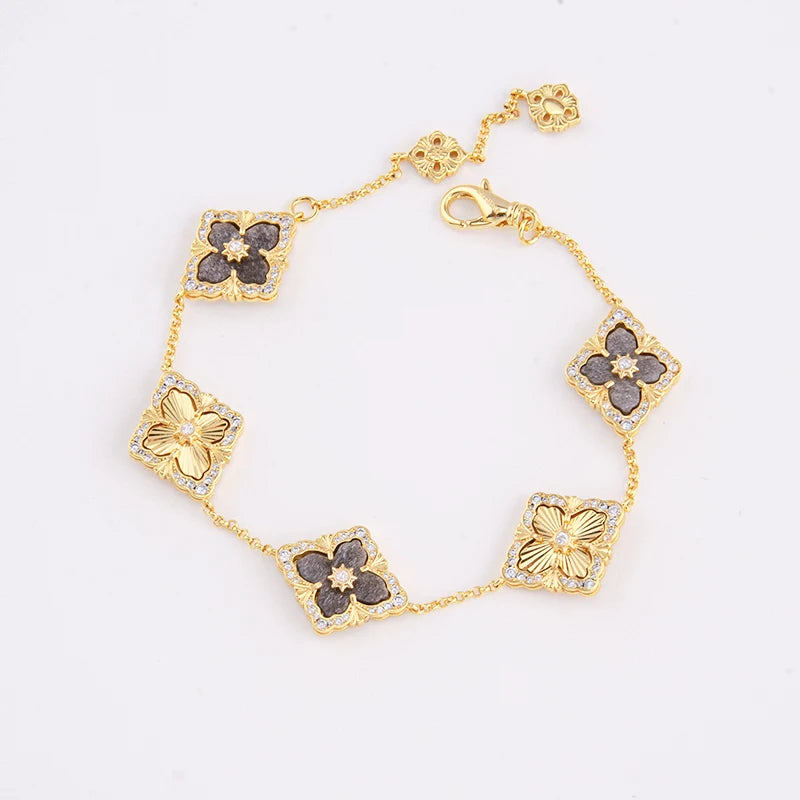 5 Leaf Flower Clover Bracelets Gold Plated Bracelet with Red Agate Natural Stone
