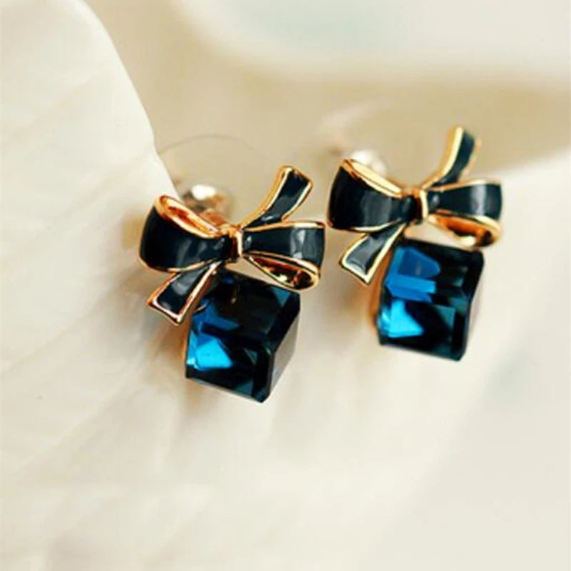 Paradise Divas Gold Bowknot Cube Crystal Earrings - Fashion Jewelry
