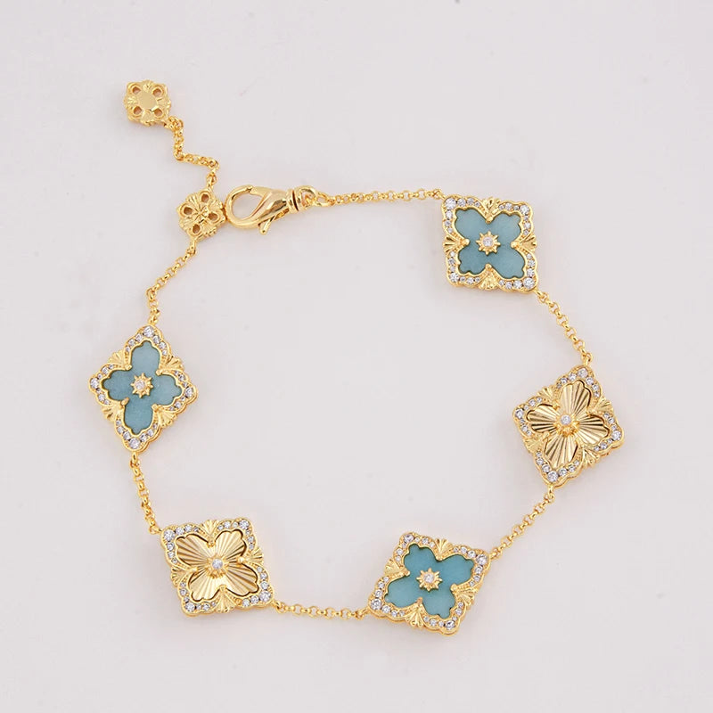 5 Leaf Flower Clover Gold Plated Bracelet with Red Agate Natural Stone by Paradise Divas
