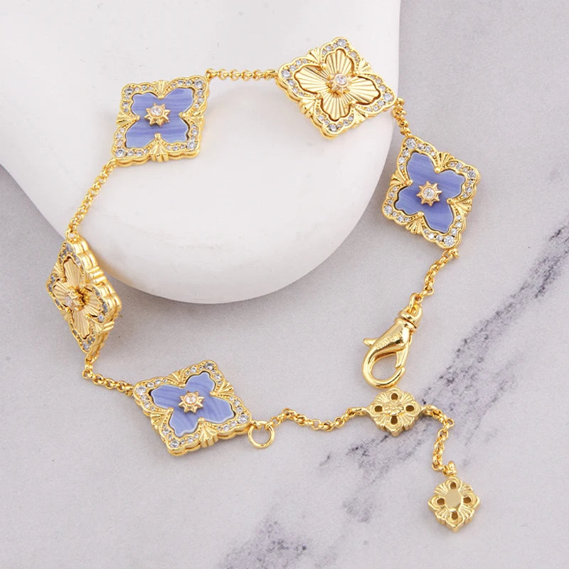 5 Leaf Flower Clover Gold Plated Bracelet with Red Agate Natural Stone by Paradise Divas
