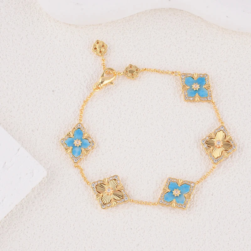 5 Leaf Flower Clover Gold Plated Bracelet with Red Agate Natural Stone by Paradise Divas
