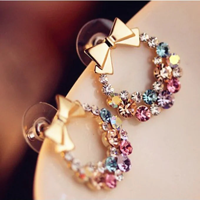 Paradise Divas Gold Bowknot Cube Crystal Earrings - Fashion Jewelry
