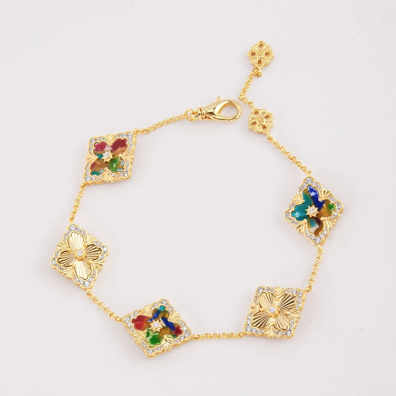 5 Leaf Flower Clover Gold Plated Bracelet with Red Agate Natural Stone by Paradise Divas
